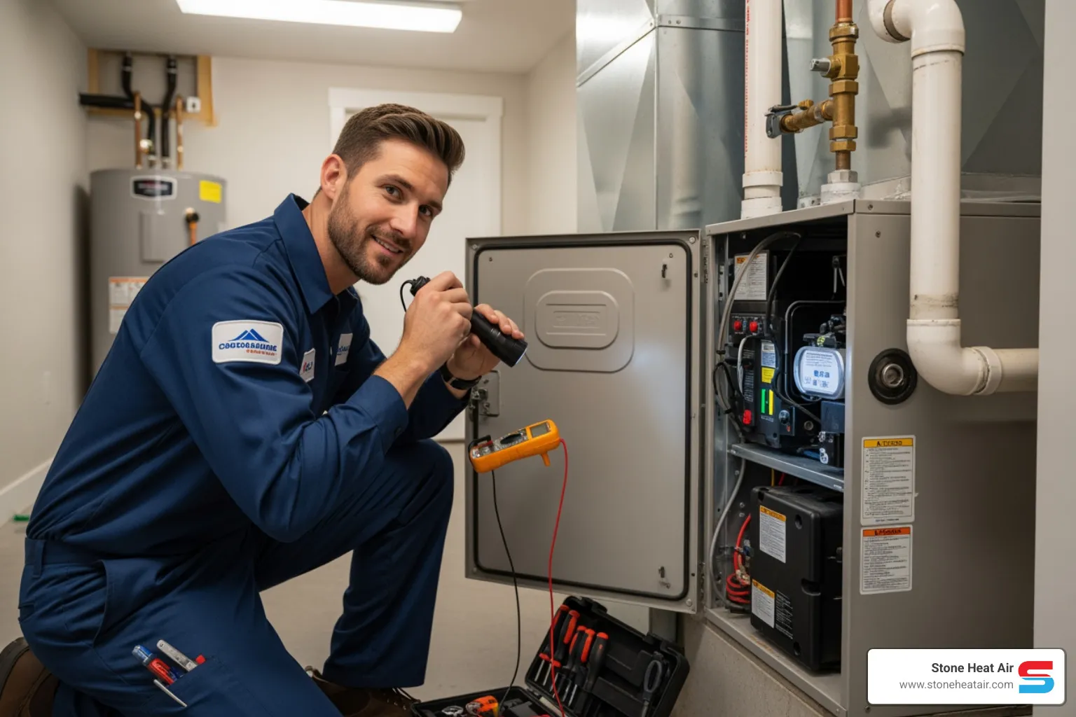 professional, friendly technician inspecting a furnace - best heating company in central point or