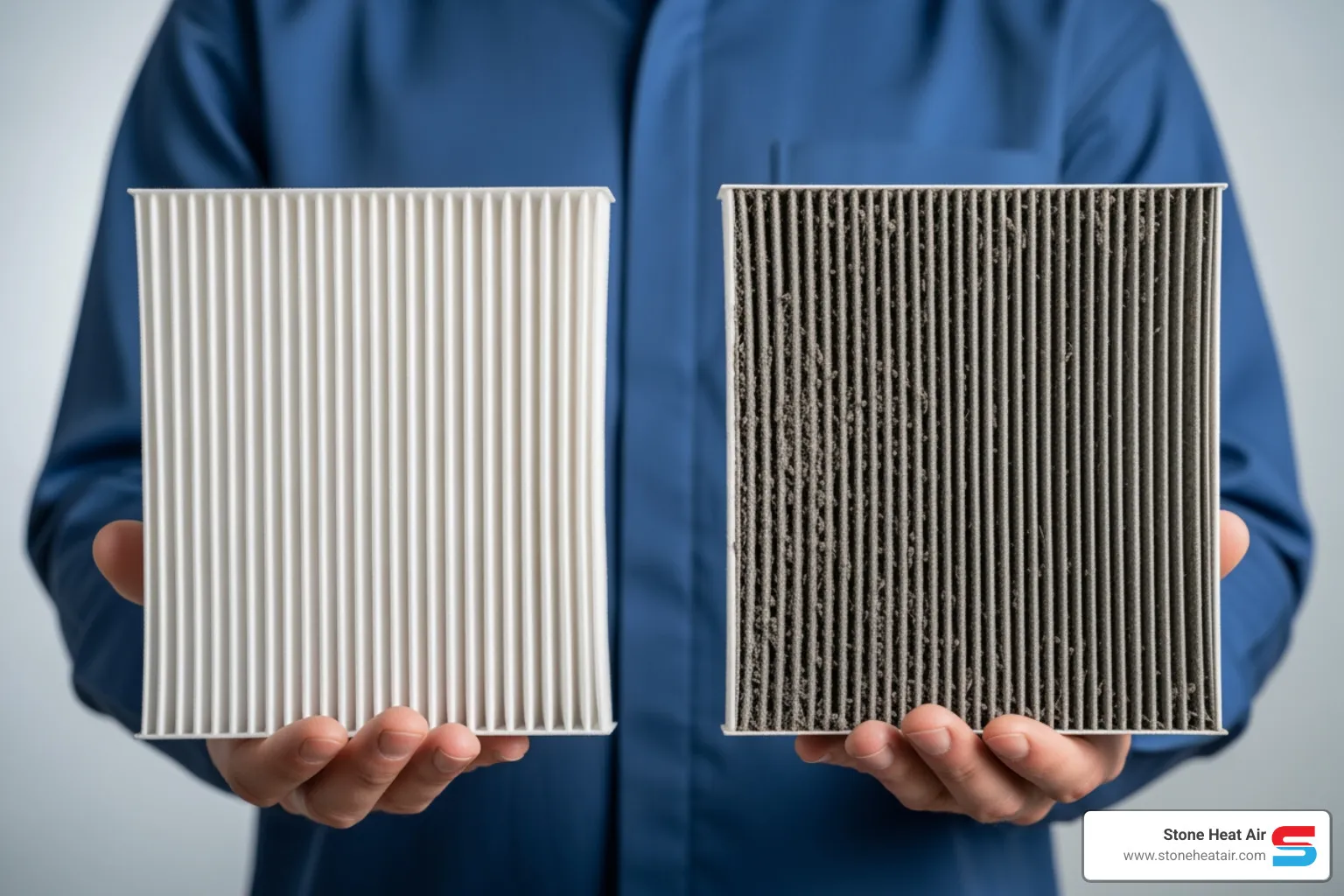 person holding clean and dirty air filter - heat pump blowing cold air in klamath falls or
