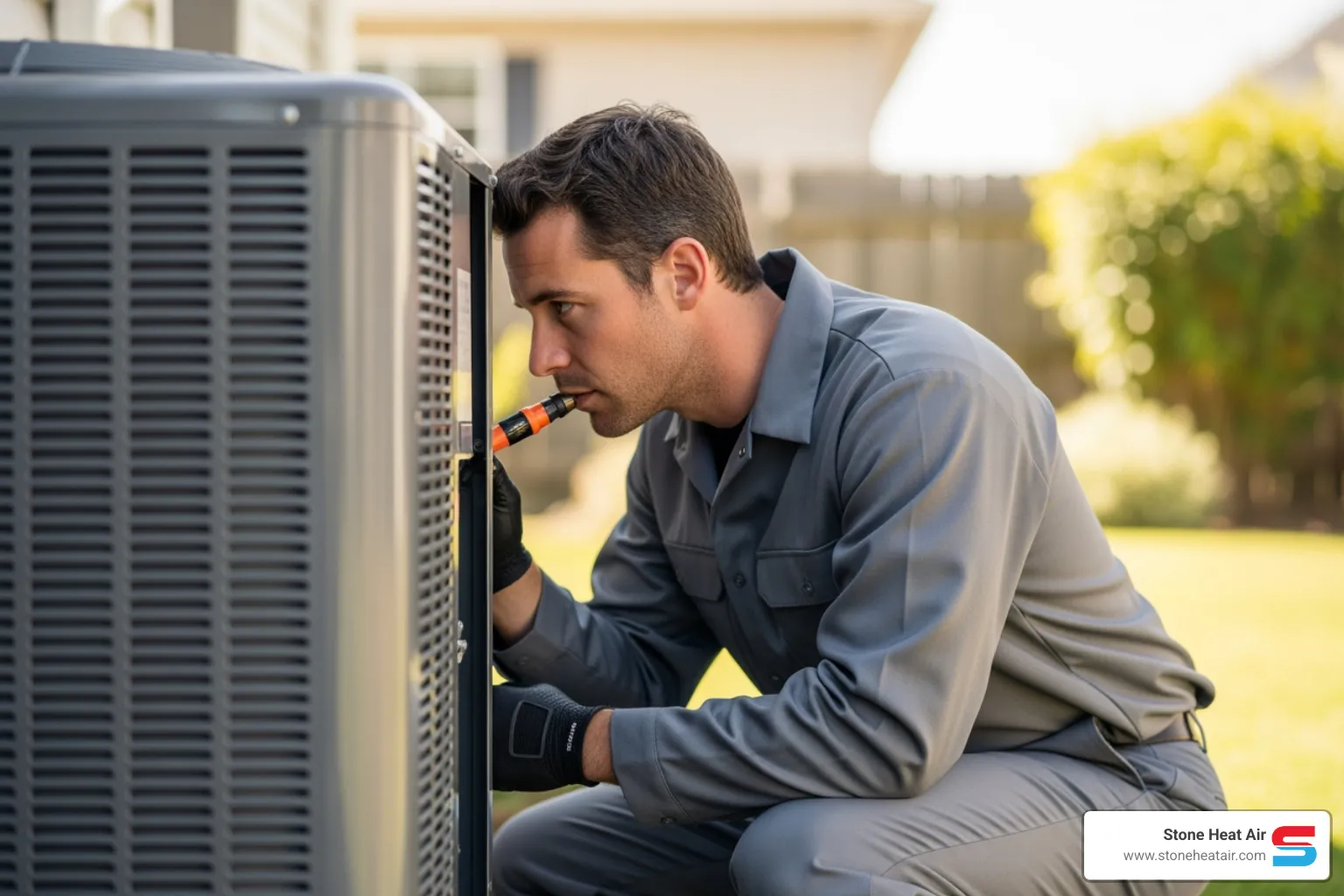 professional HVAC technician inspecting outdoor unit - heat pump blowing cold air in klamath falls or