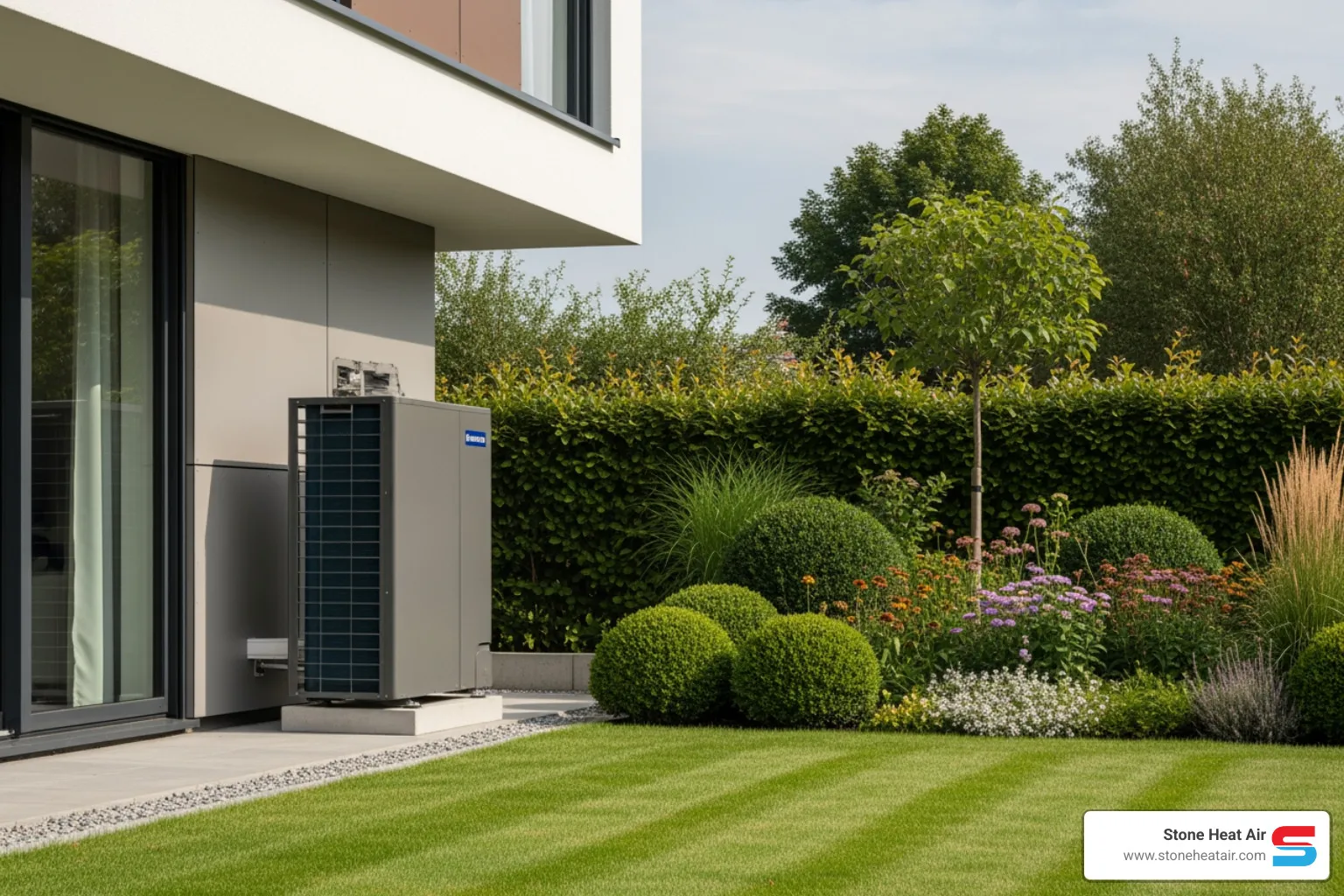 modern quiet heat pump outdoor unit next to a home - best heat pump company in central point or