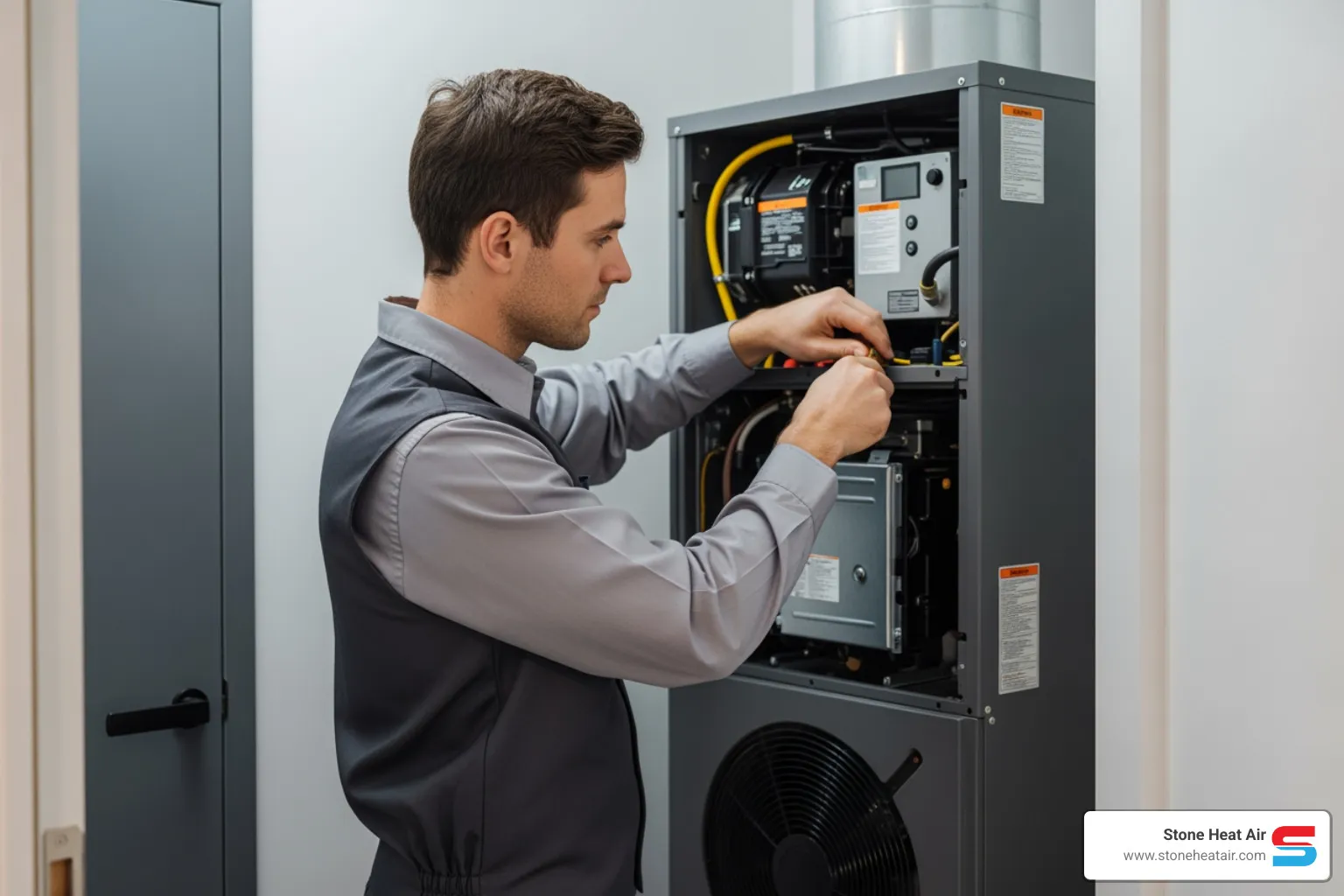 technician performing routine maintenance on a heat pump's indoor unit - best heat pump company in central point or