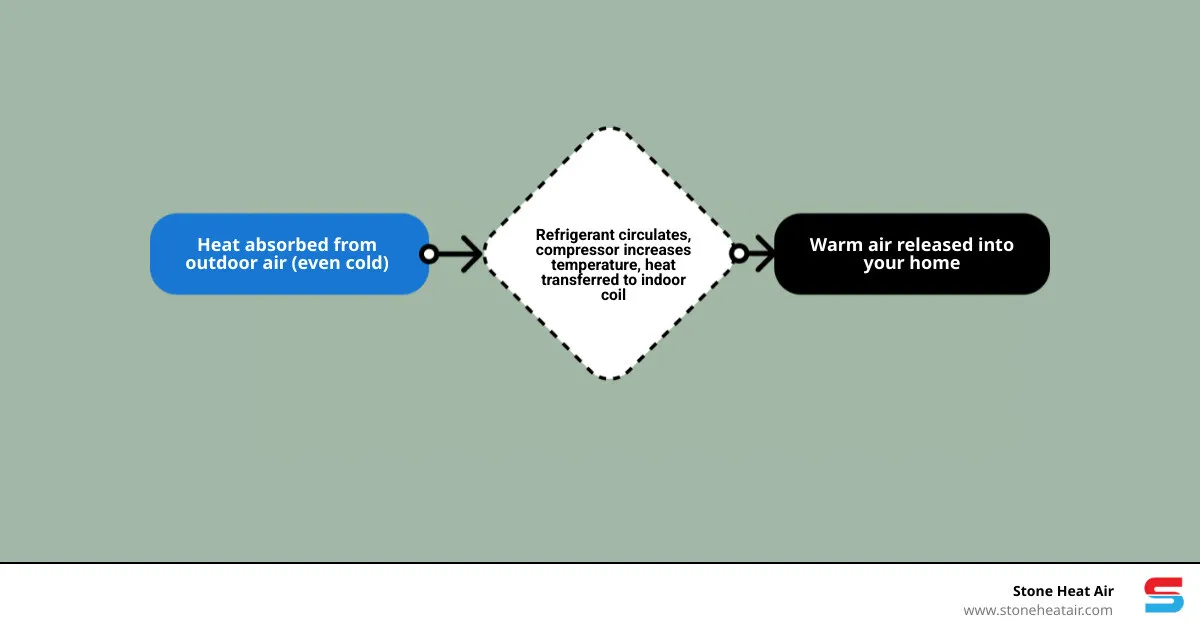 infographic showing how a heat pump extracts heat from cold outdoor air through the refrigeration cycle, depicting the outdoor unit absorbing heat energy, the compressor increasing pressure and temperature, and the indoor unit releasing warm air into the home, with labels for key components like evaporator coil, compressor, condenser coil, and reversing valve - heat pump blowing cold air in grants pass or infographic flowmap_simple