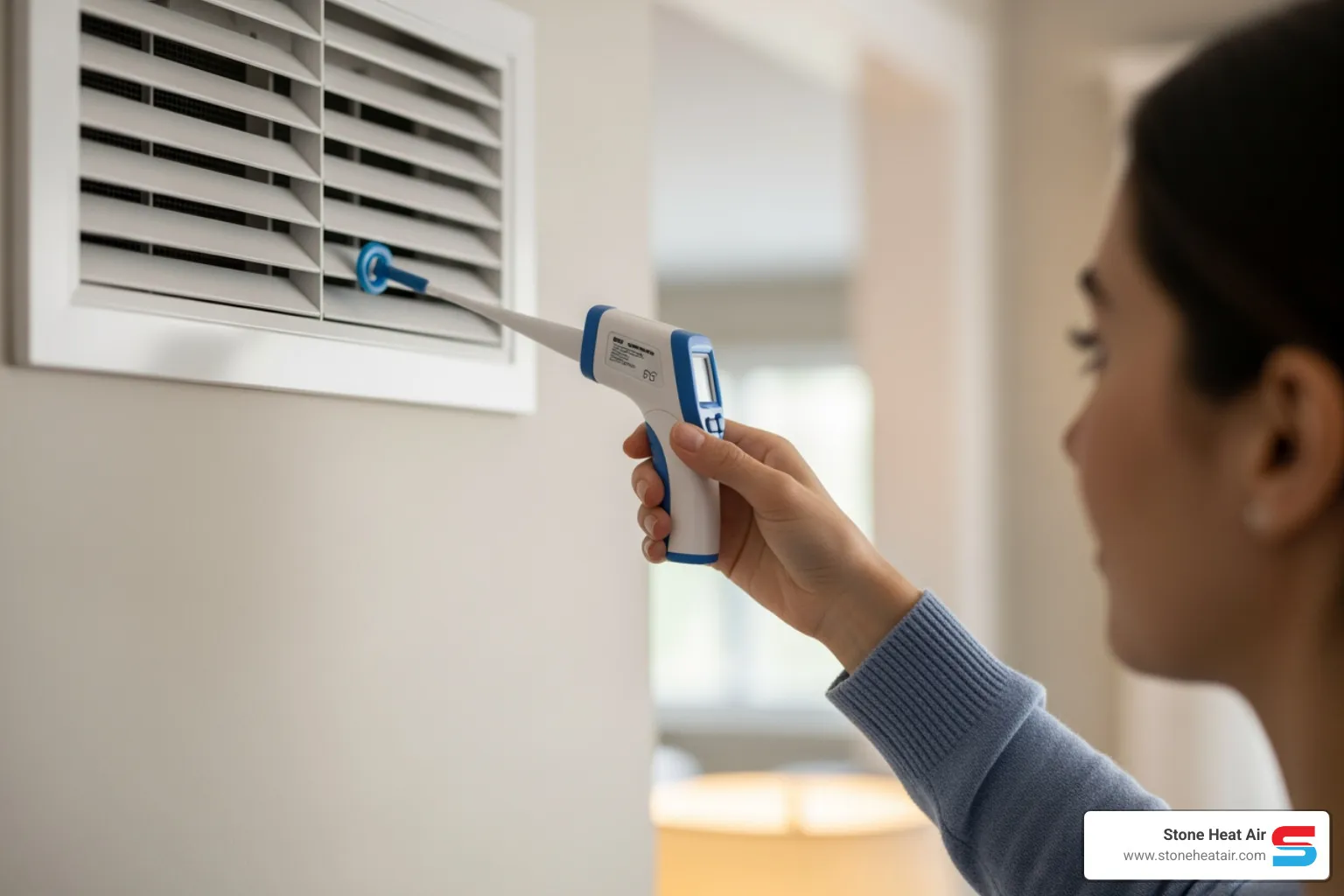 person holding thermometer to vent - heat pump blowing cold air in grants pass or