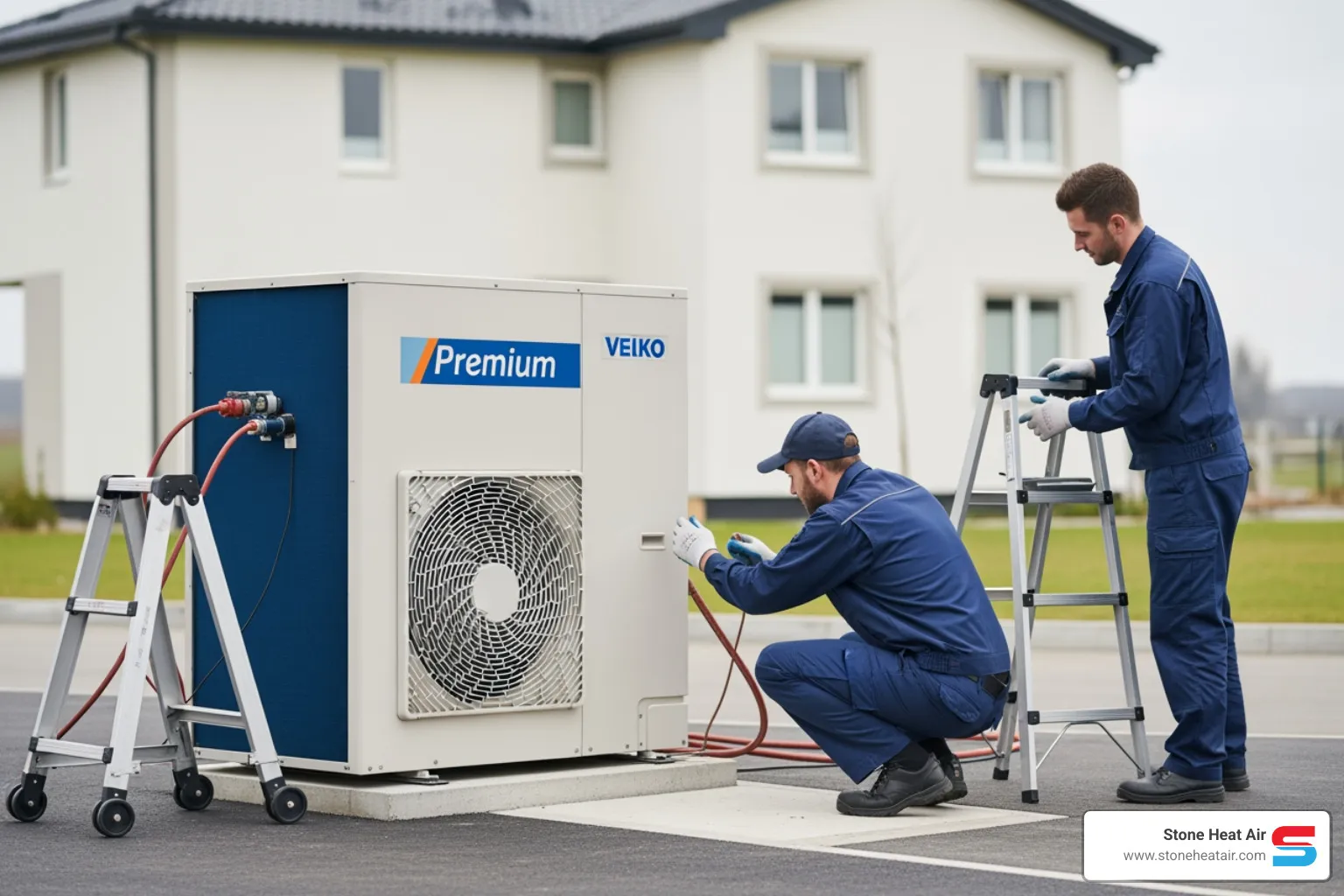 A clean and professional installation site with technicians working on a premium heat pump system - premium heat pump installation in applegate or