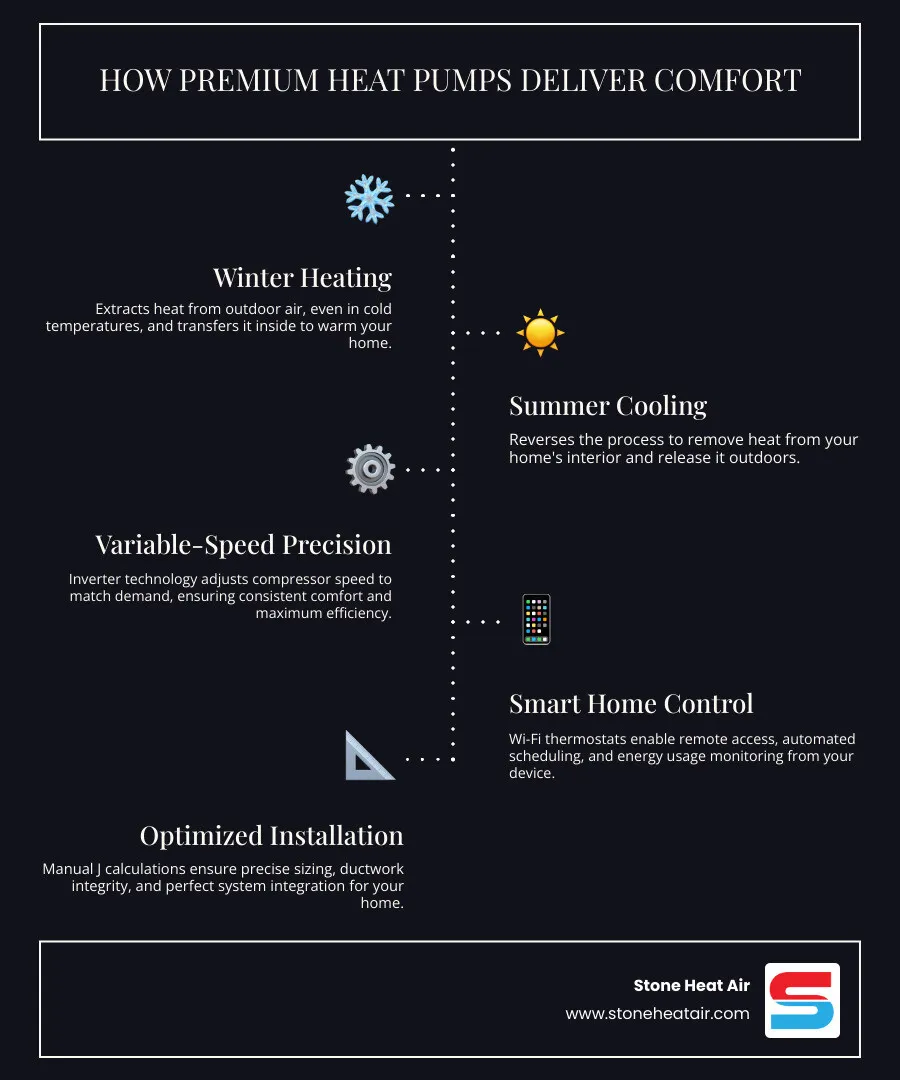 Infographic showing how premium heat pump installation works: outdoor unit extracts heat from outside air in winter and moves it indoors through refrigerant lines; in summer, the process reverses to cool your home; premium systems use variable-speed compressors to adjust output based on demand, smart thermostats for scheduling and remote control, and proper sizing through Manual J calculations to match your home's exact heating and cooling needs - premium heat pump installation in applegate or infographic infographic-line-5-steps-dark