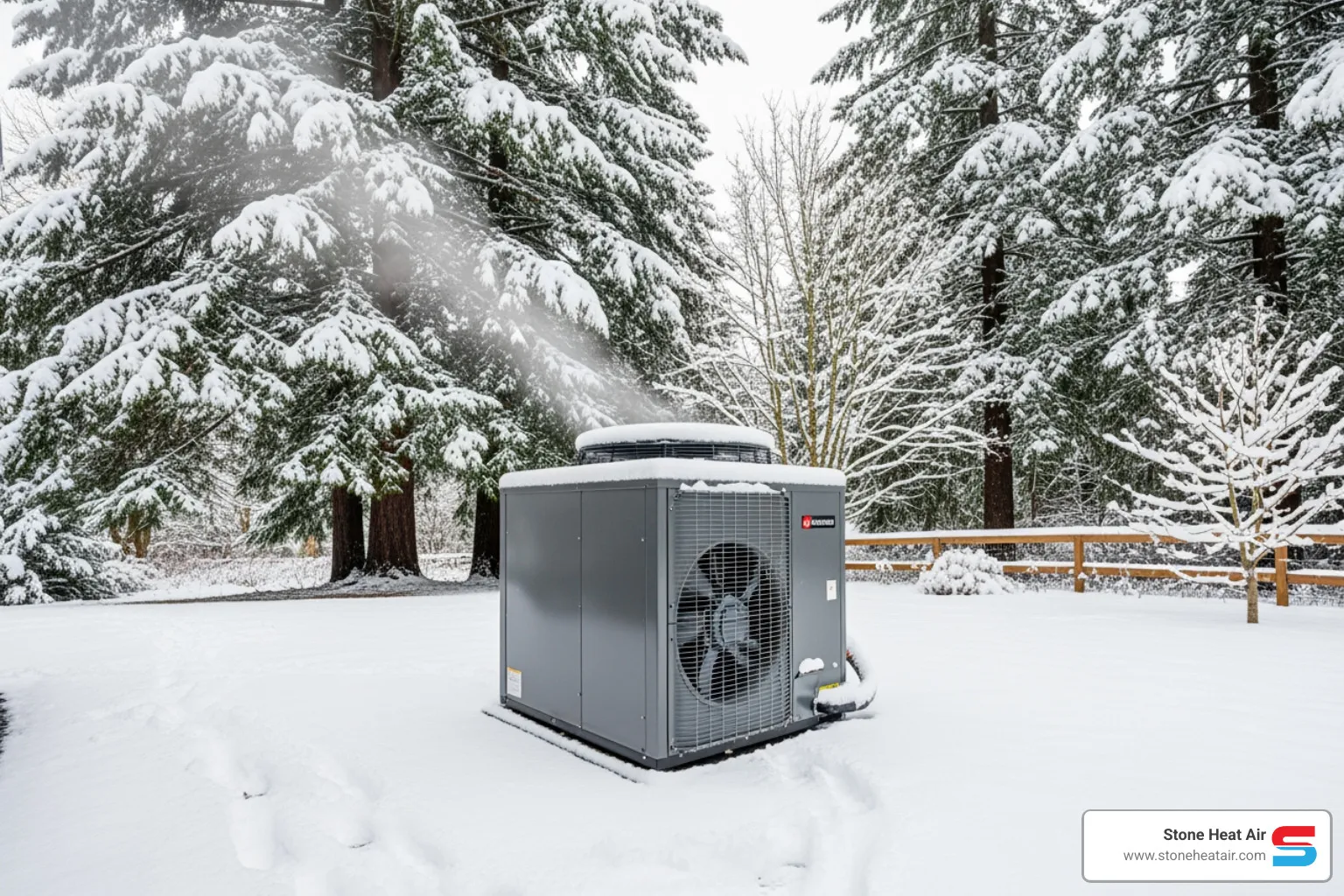 A heat pump functioning effectively in a snowy Oregon setting, highlighting its cold-weather capabilities - premium heat pump installation in applegate or