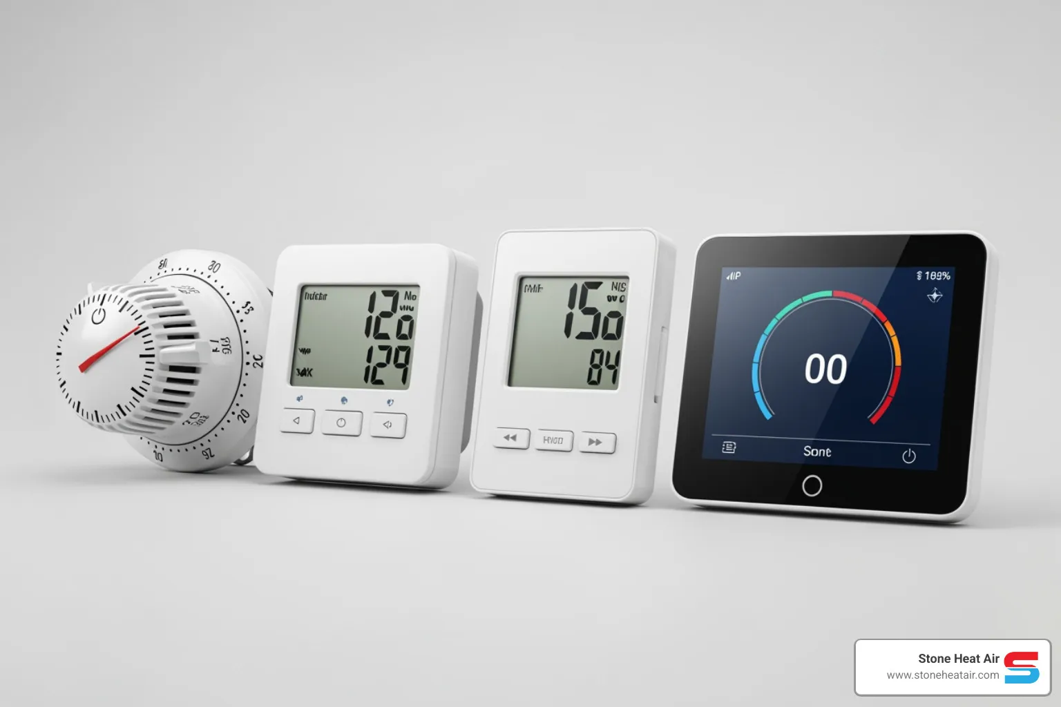 lineup of different thermostat styles - affordable thermostat installation in applegate or