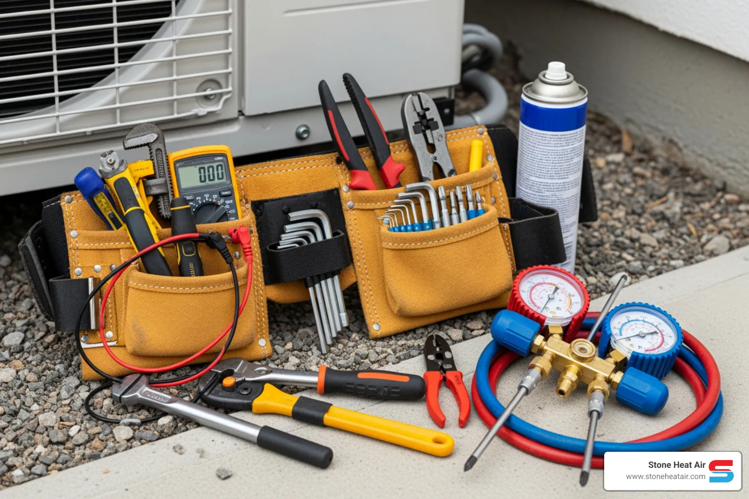 A close-up image of a professional HVAC technician's tool belt and various tools laid out neatly beside an outdoor heat pump unit, ready for a thorough maintenance service. - heat pump maintenance service in eagle point or