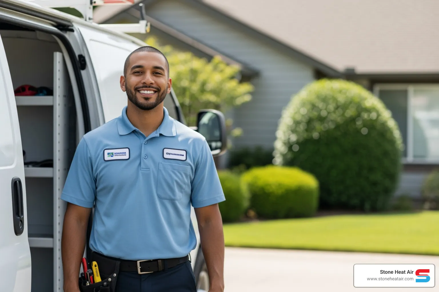 friendly technician with a service van - heating company near me in central point or