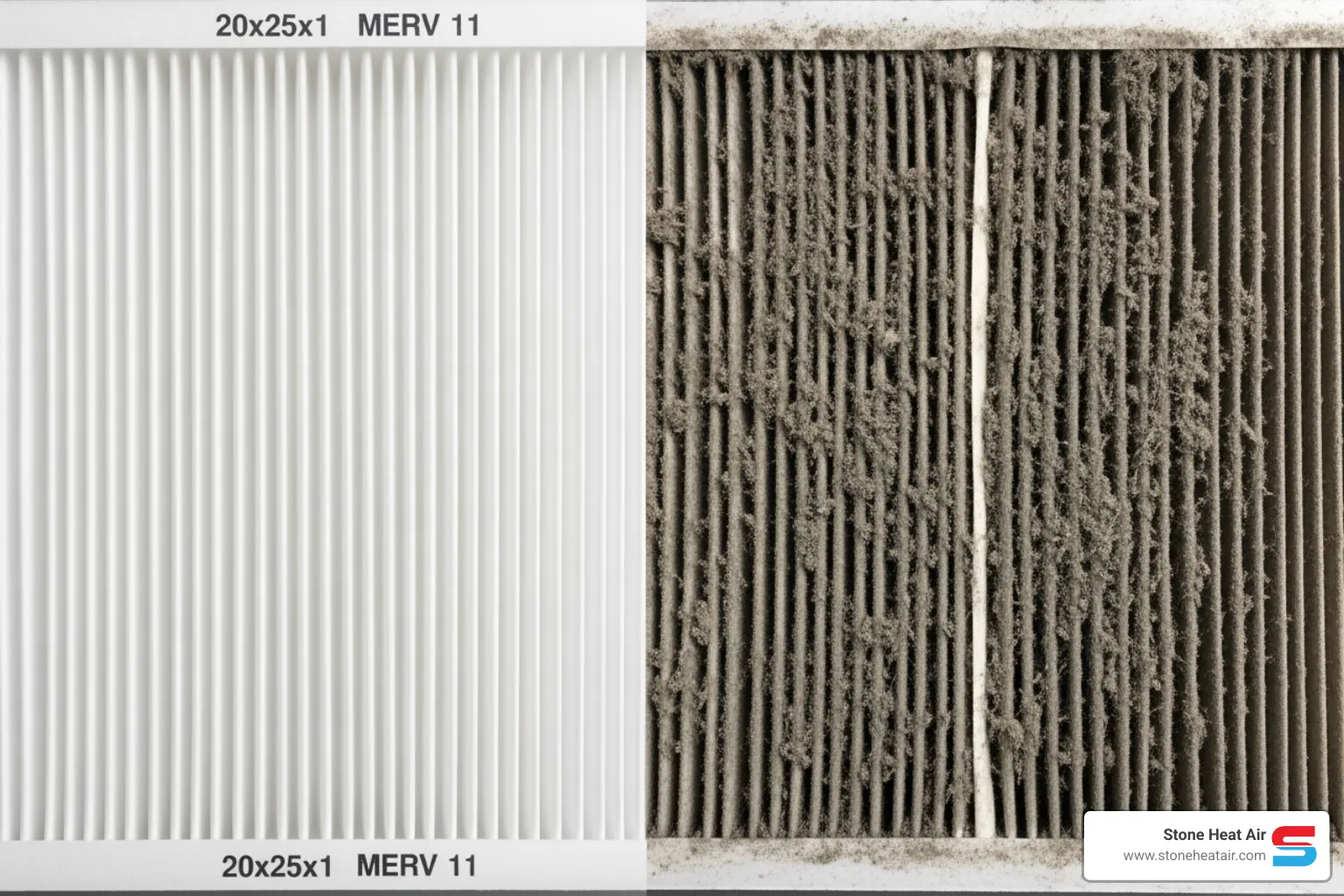 A split image showing a pristine, new air filter on one side and a heavily clogged, dirty air filter on the other, highlighting the dramatic difference - heat pump maintenance in bonanza or