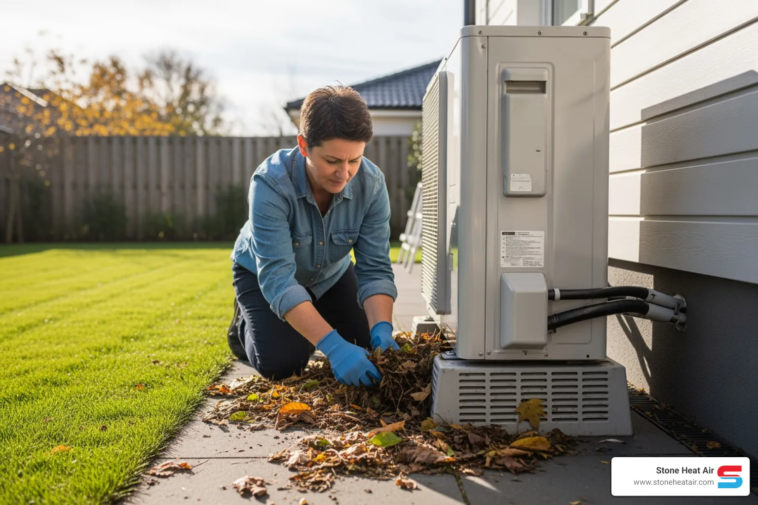 A homeowner, wearing work gloves, is carefully clearing leaves and small debris from around the base of an outdoor heat pump unit - heat pump maintenance in bonanza or