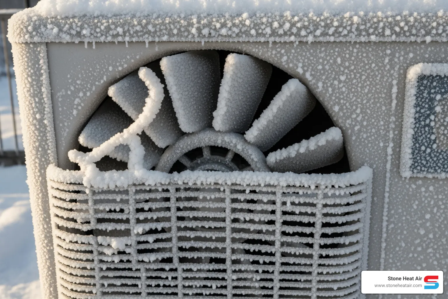 A close-up image of an outdoor heat pump unit with a significant amount of ice buildup on its coils and fan, indicating a potential issue - heat pump maintenance in bonanza or