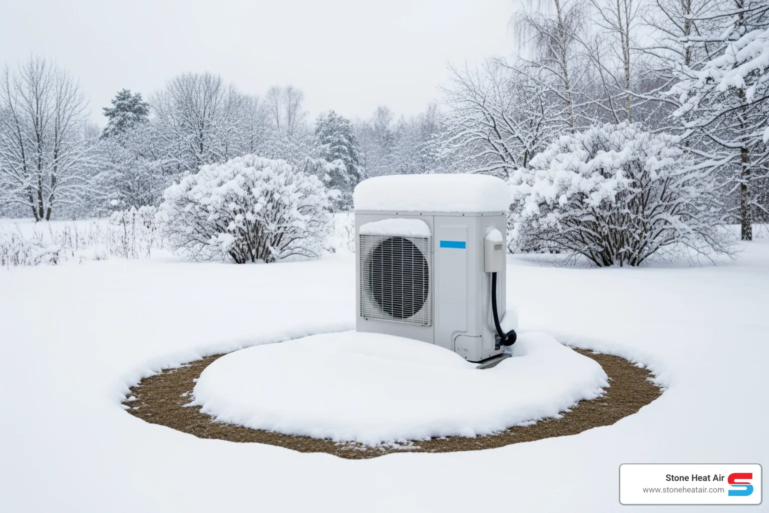 A heat pump outdoor unit is partially covered in snow, with a clear path shoveled around it, showcasing its operation in a winter landscape - heat pump maintenance in bonanza or