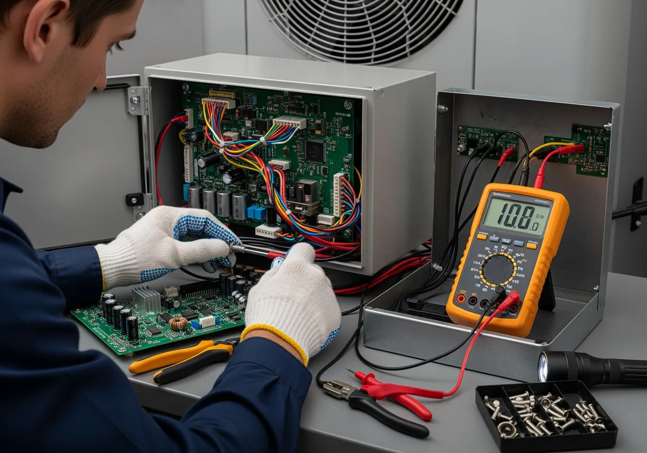 Technician's hands working on a heat pump's control panel - best heat pump company in phoenix or