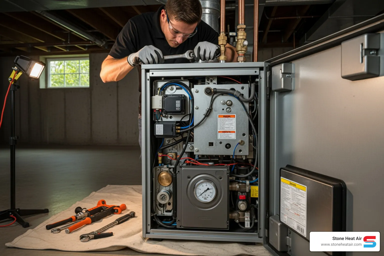 Infographic showing three pillars of boiler maintenance: a shield icon labeled Safety with carbon monoxide detector and pressure gauge symbols, a dollar sign icon labeled Efficiency with downward arrow showing reduced bills, and a calendar icon labeled Longevity with 15-30 year lifespan timeline - boiler maintenance in central point, or
