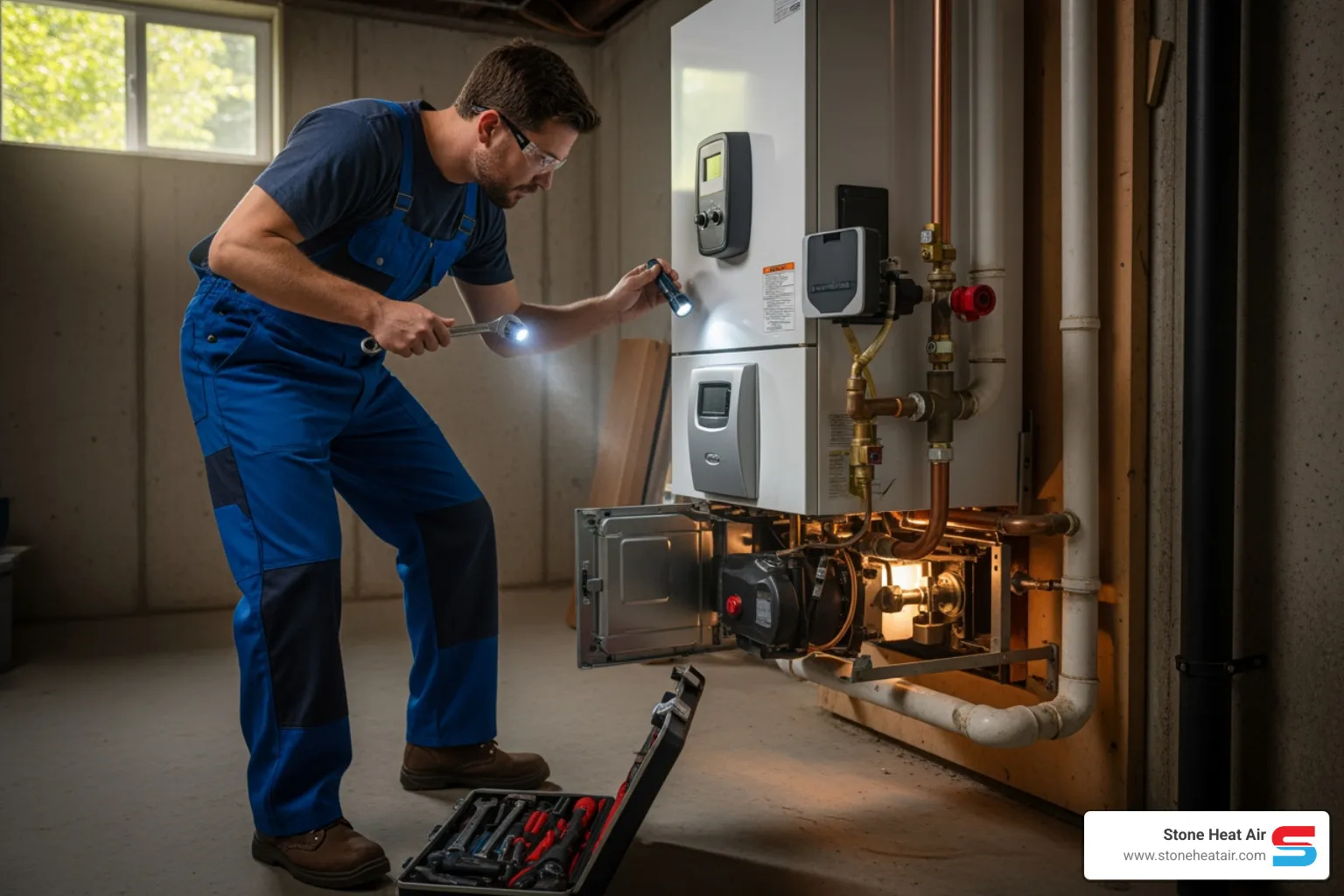 Infographic showing the annual boiler maintenance cycle: Schedule inspection in fall, technician performs safety checks and cleaning, system runs efficiently all winter, homeowner monitors for warning signs, repeat yearly for maximum lifespan and performance - boiler maintenance in ashland, or