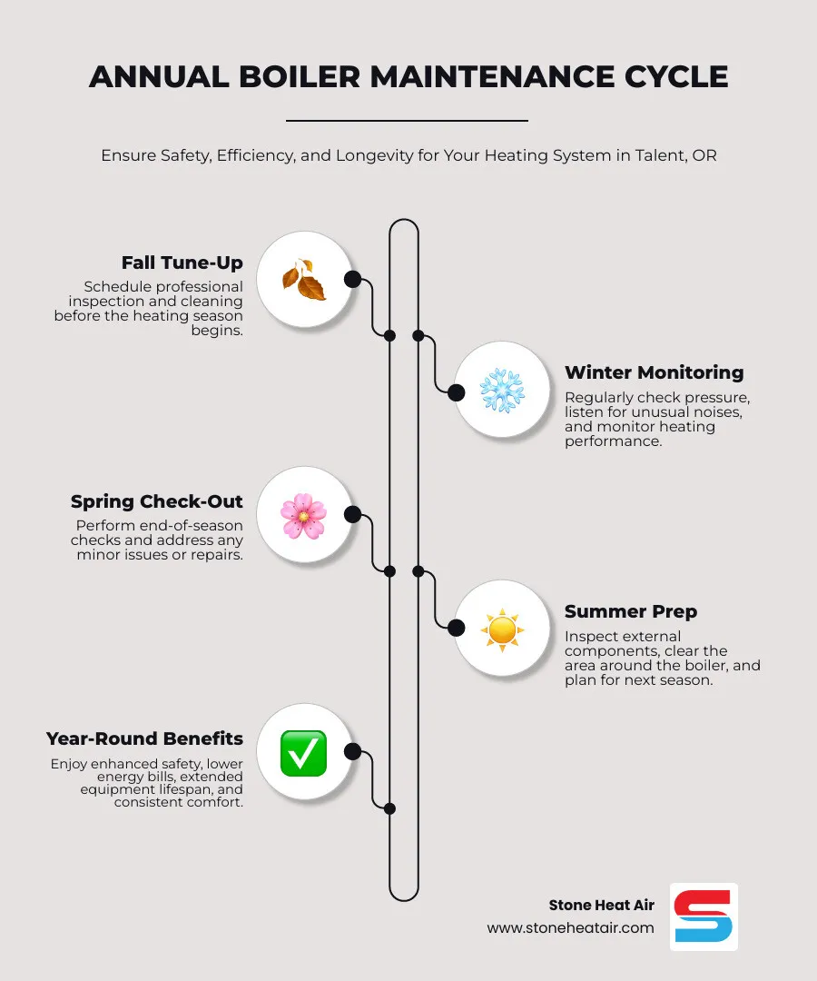 Infographic showing the annual boiler maintenance cycle with four seasons: Fall - professional inspection and tune-up before heating season; Winter - monitor performance and check pressure monthly; Spring - end-of-season inspection and any needed repairs; Summer - off-season component checks and preparation for next heating season. Center shows benefits: safety, efficiency, longevity, and lower costs. - boiler maintenance in talent, or infographic infographic-line-5-steps-elegant_beige