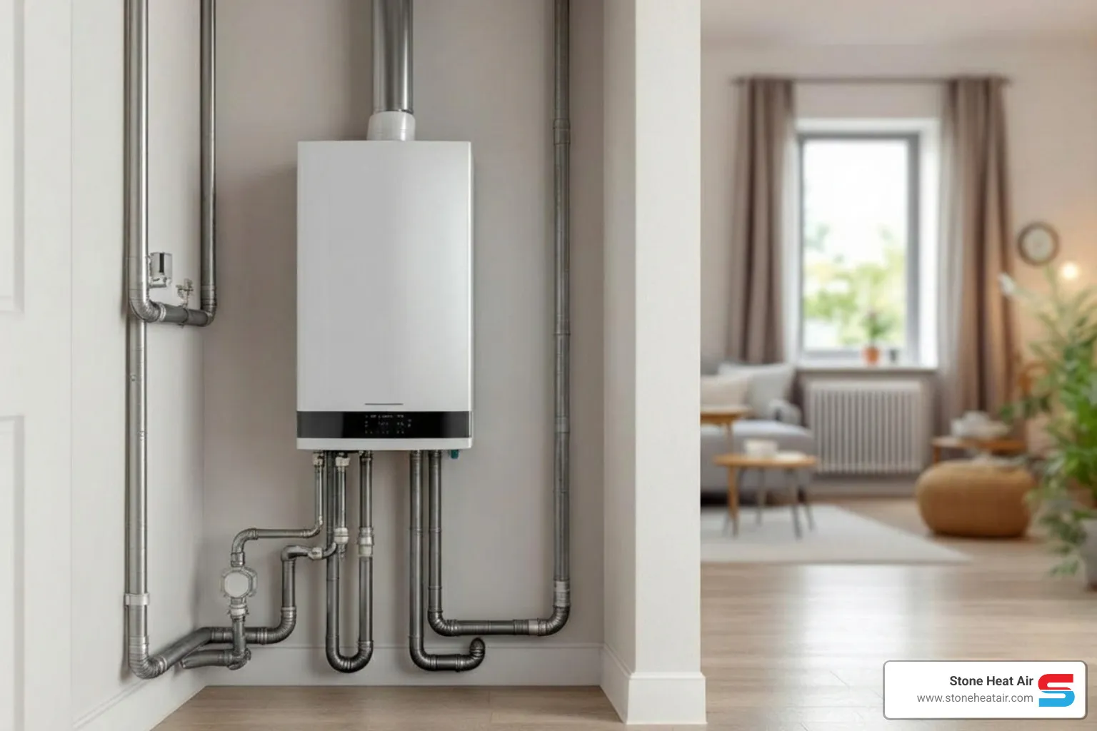Infographic showing the basic function of a home boiler system: water is heated in the boiler unit, hot water or steam circulates through pipes to radiators or baseboard heaters throughout the home, heat radiates into living spaces, cooled water returns to the boiler to be reheated, and a thermostat controls the cycle to maintain desired temperature - boiler repair in central point, or