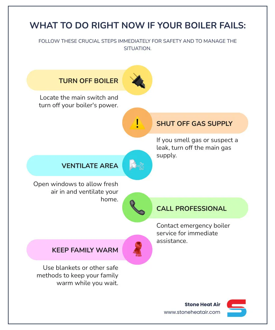 Infographic showing 5 immediate steps during a boiler emergency: 1. Turn off boiler power switch, 2. Shut off gas valve if safe to do so, 3. Ventilate the area by opening windows, 4. Call emergency boiler service, 5. Keep family warm and away from the boiler - emergency boiler maintenance in talent, or infographic infographic-line-5-steps-colors
