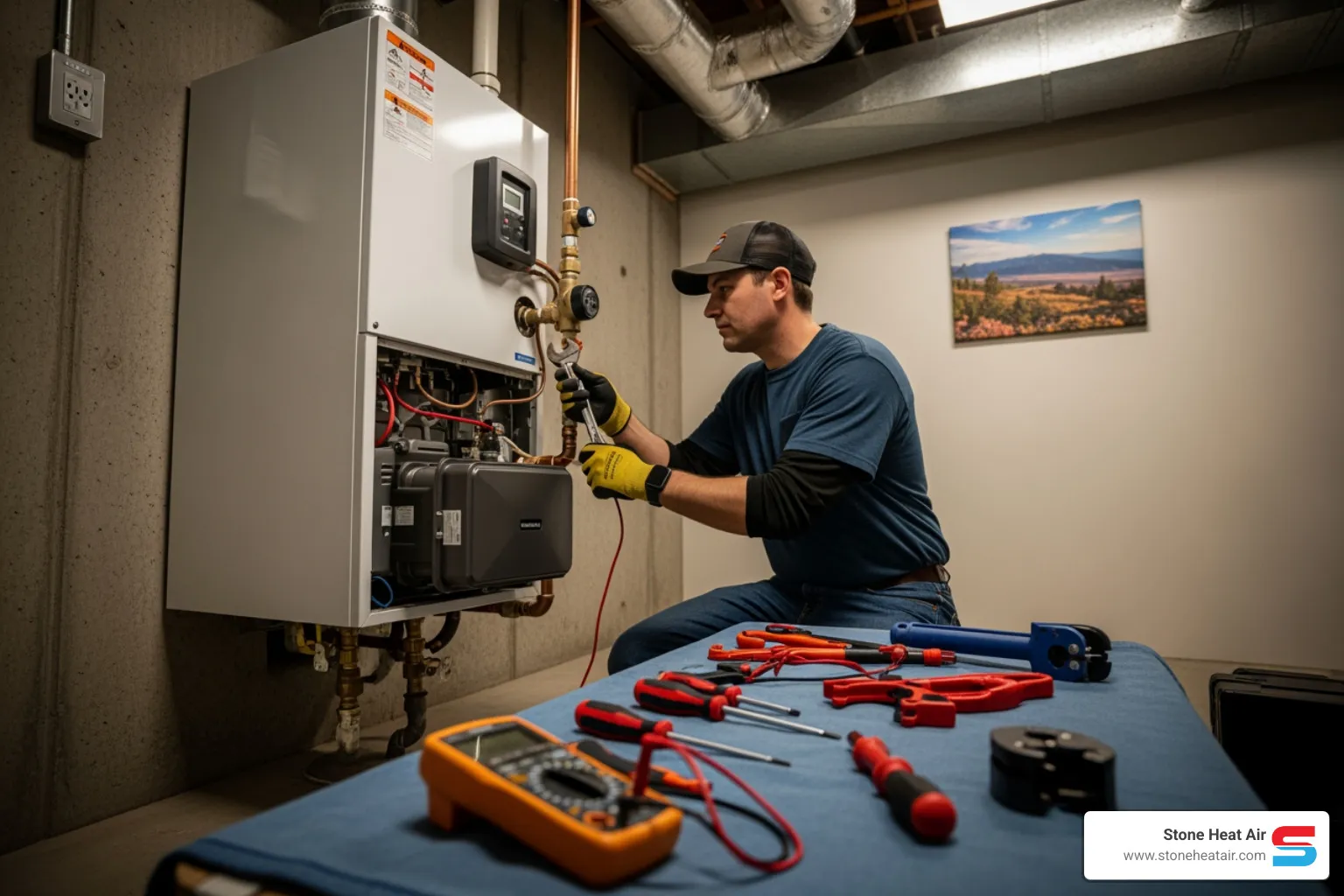 Infographic showing home boiler system basics: cold water enters boiler, heat exchanger warms water using gas or oil, hot water circulates through pipes to radiators or baseboards throughout home, cooled water returns to boiler to be reheated, thermostat controls when system runs - boiler repair in talent, or