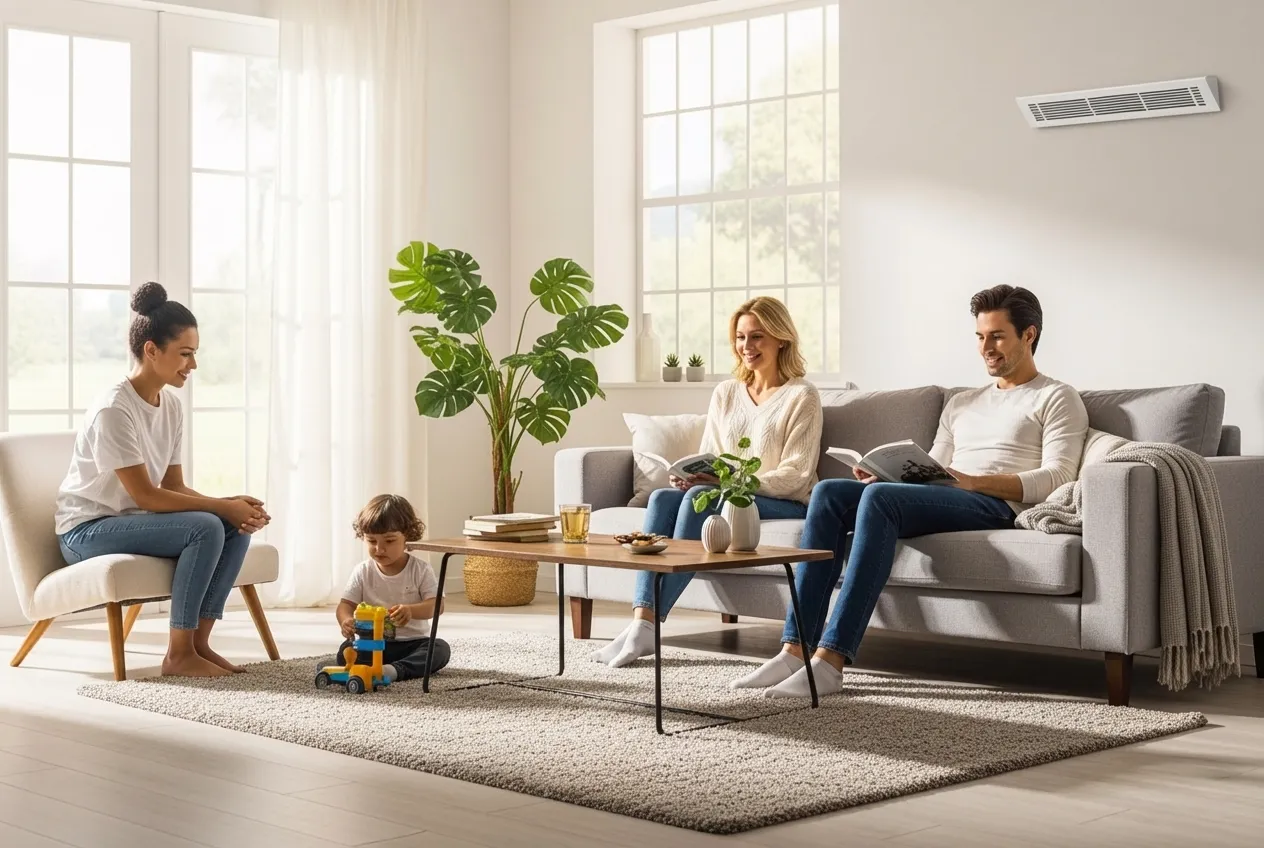 infographic showing benefits of professional duct cleaning including improved indoor air quality, reduced allergens and dust, better HVAC efficiency and energy savings, odor removal, extended system lifespan, and reduced fire risk from debris buildup - 