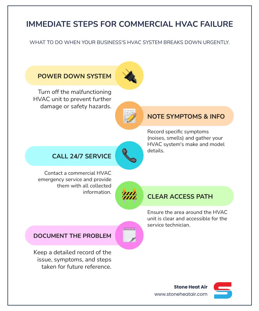 infographic showing steps when commercial HVAC fails: 1. Turn off malfunctioning system 2. Note specific symptoms 3. Gather system information 4. Call 24-hour commercial HVAC service 5. Clear access path for technician 6. Document the problem - "I need a 24 hour commercial HVAC service in Ashland, OR for an urgent repair. Who is available?" infographic infographic-line-5-steps-colors