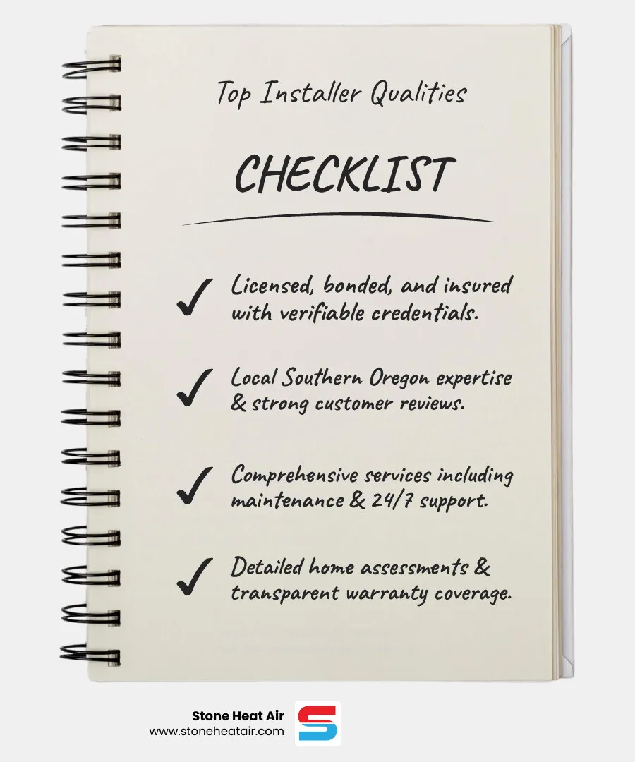 Infographic showing the key qualities to look for in a Central Point heat pump installer: proper licensing and insurance, local climate expertise in Southern Oregon, strong customer reviews and references, comprehensive service offerings including maintenance plans, 24/7 emergency availability, detailed home assessment and Manual J load calculations, transparent warranty coverage on parts and labor, and experience with various heat pump types including air-source and ductless systems - "What are the best companies for a new heat pump installation in Central Point, OR?" infographic checklist-notebook