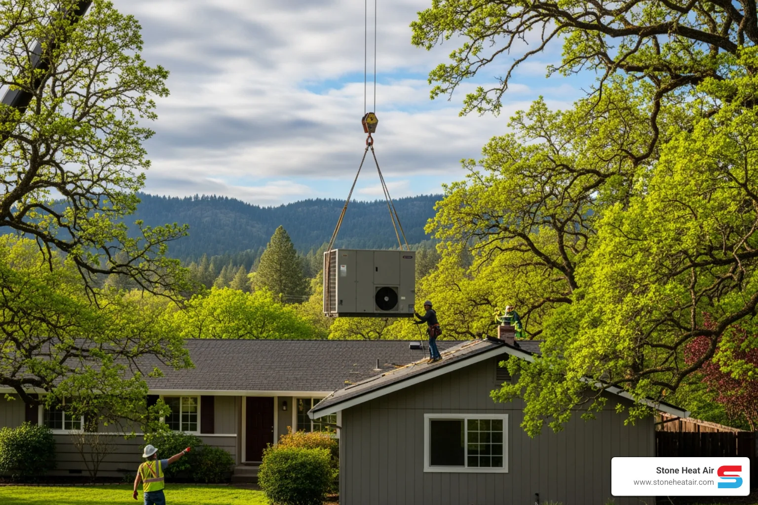 infographic explaining the year-round benefits of a modern heat pump system - "Which is the best heat pump company in Central Point, Oregon for a full system replacement?"