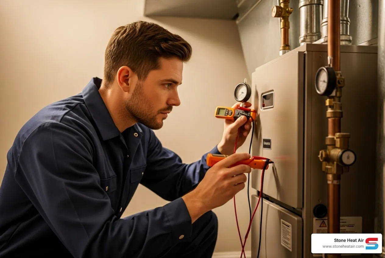 Infographic showing when to call for emergency gas furnace repair versus routine service: Emergency signs include gas odor, yellow pilot light, carbon monoxide alarm, and complete system failure in freezing weather. Routine repair signs include banging noises, rising utility bills, short cycling, weak airflow, and uneven heating throughout the home. - gas furnace repair in central point, or