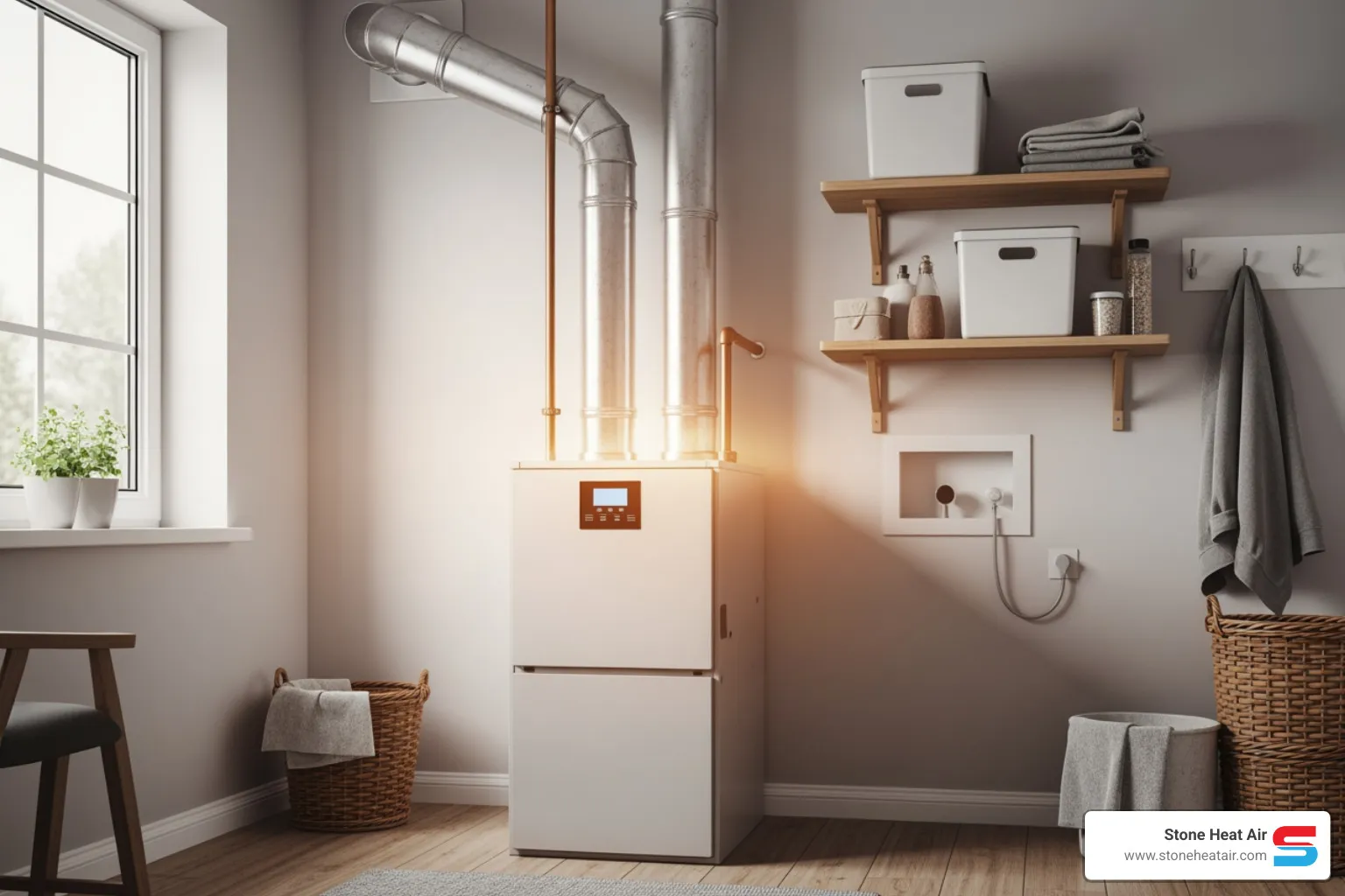 infographic showing the three main benefits of gas furnace maintenance: a shield icon representing improved safety and carbon monoxide prevention, a dollar sign with downward arrow showing reduced energy costs and improved efficiency, and a clock icon indicating extended equipment lifespan of 15-20 years with proper care - gas furnace maintenance in medford, or