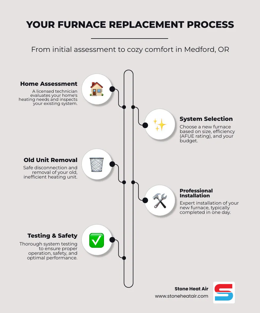 Infographic showing the top 7 signs your furnace needs replacement: furnace age over 15 years, rising energy bills, frequent repairs, uneven heating room to room, strange banging or rattling noises, yellow pilot light flame, and excessive dust or humidity indoors - gas furnace replacement in medford, or infographic infographic-line-5-steps-elegant_beige