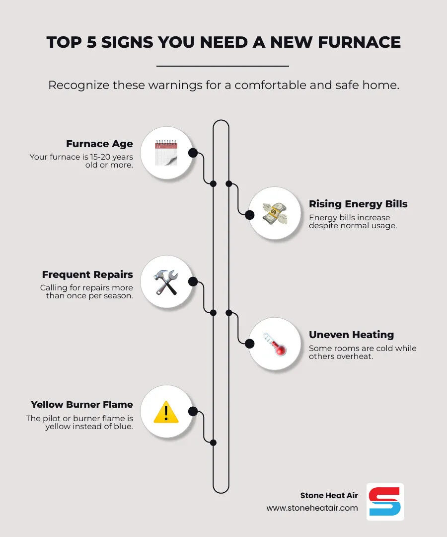 Infographic showing the top 5 signs you need a new furnace: 1. Your furnace is 15-20 years old, 2. Energy bills keep rising despite normal usage, 3. You're calling for repairs more than once per season, 4. Some rooms are cold while others overheat, 5. The burner flame is yellow instead of blue - gas furnace replacement in central point, or infographic infographic-line-5-steps-elegant_beige
