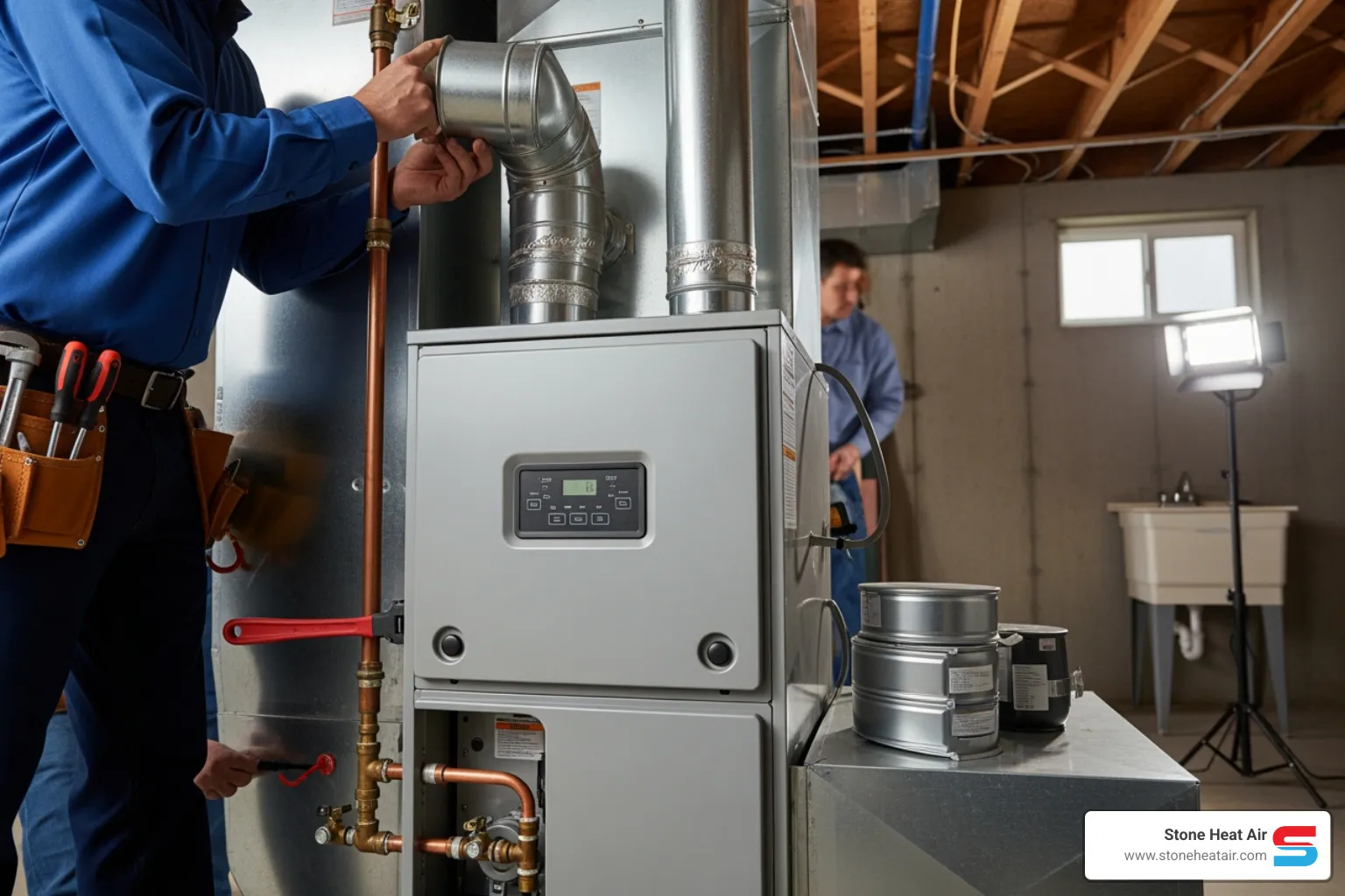 infographic showing key signs your gas furnace needs replacement: age over 15-30 years with clock icon, unusual grinding or banging noises with sound wave icon, rising energy bills with upward cost arrow, and frequent repair needs with wrench icon - gas furnace replacement in talent, or