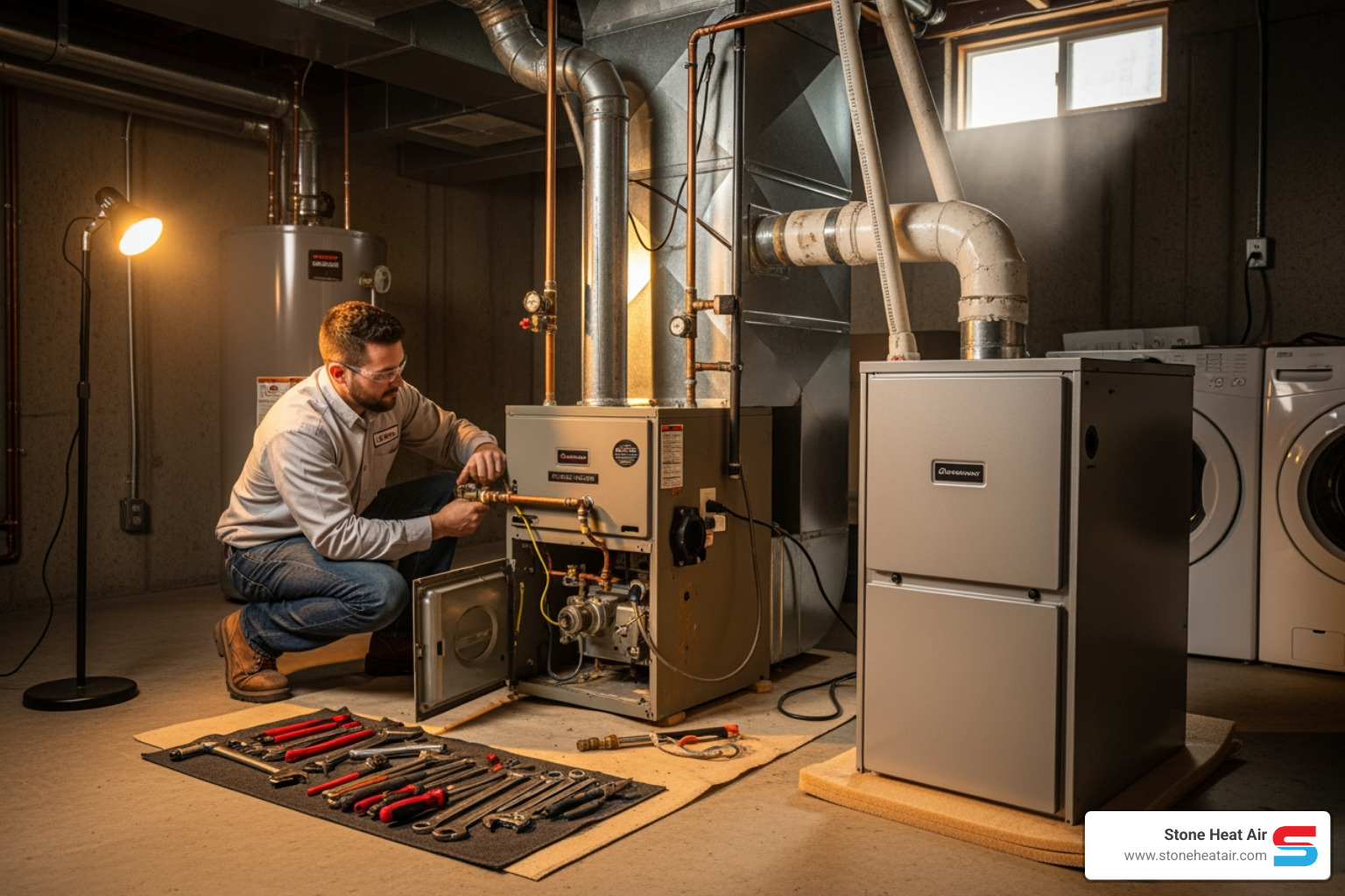 Infographic showing 5 key signs it's time for heating replacement: 1) System age over 10-15 years, 2) Rising energy bills despite normal use, 3) Frequent repair calls and costs, 4) Uneven heating or cold spots in rooms, 5) Strange noises like banging, rattling, or squealing - heating replacement in talent, or