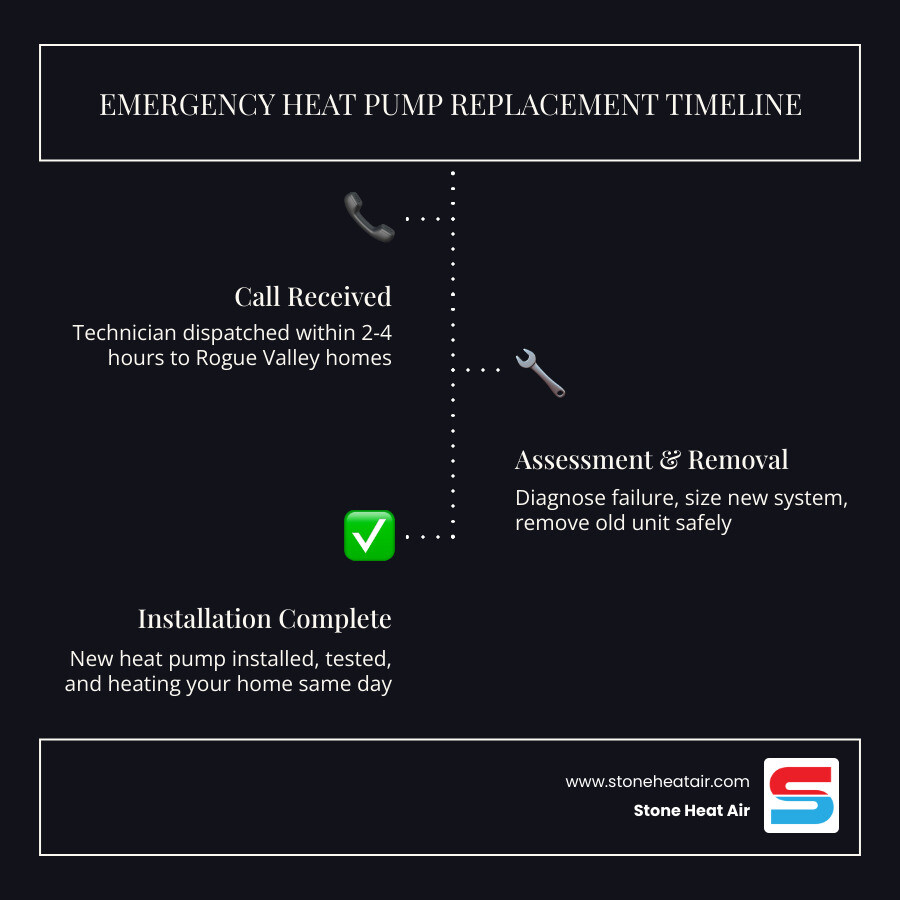 Emergency heat pump replacement timeline infographic from call to installation in Rogue Valley OR - emergency heat pump