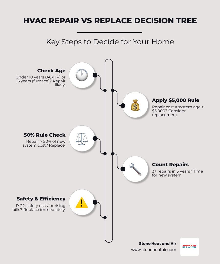 Repair vs replace HVAC decision tree infographic with age, cost, and safety thresholds - when to repair vs replace your hvac Repair vs replace HVAC decision tree infographic with age, cost, and safety thresholds - when to repair vs replace your hvac