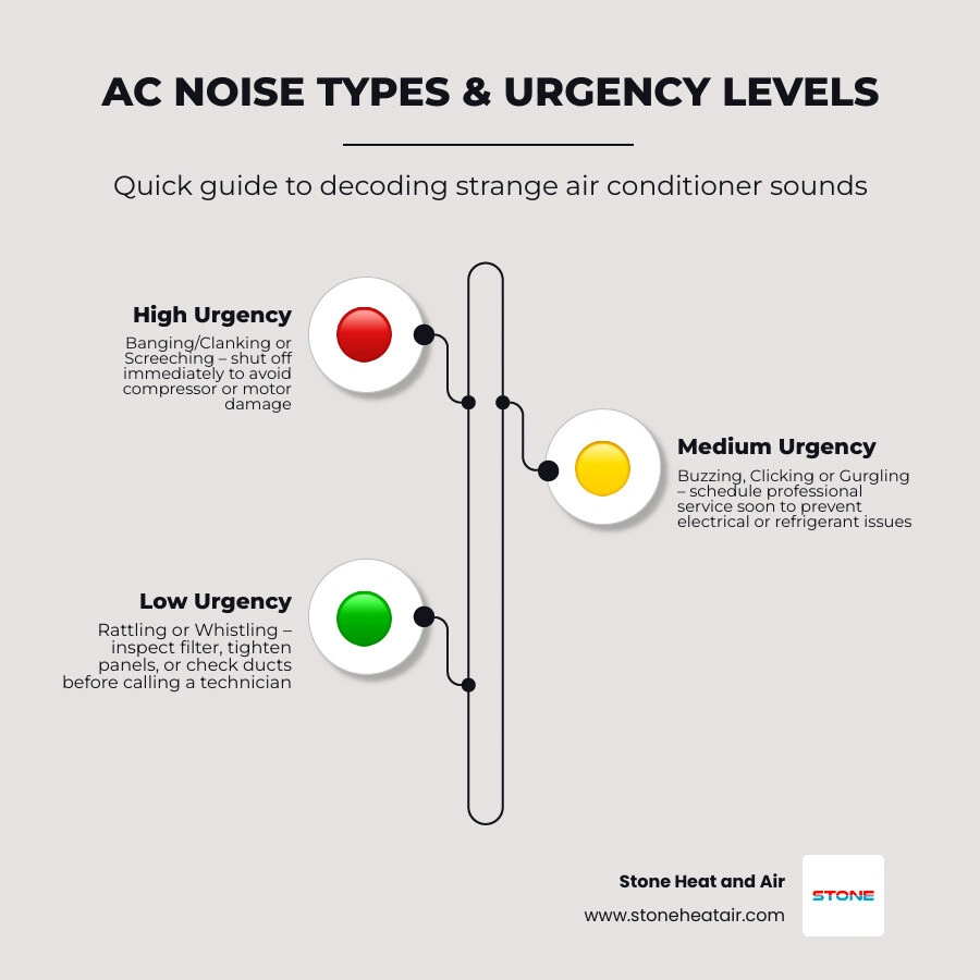 Common AC noises, their causes, and urgency levels infographic infographic Common AC noises, their causes, and urgency levels infographic infographic