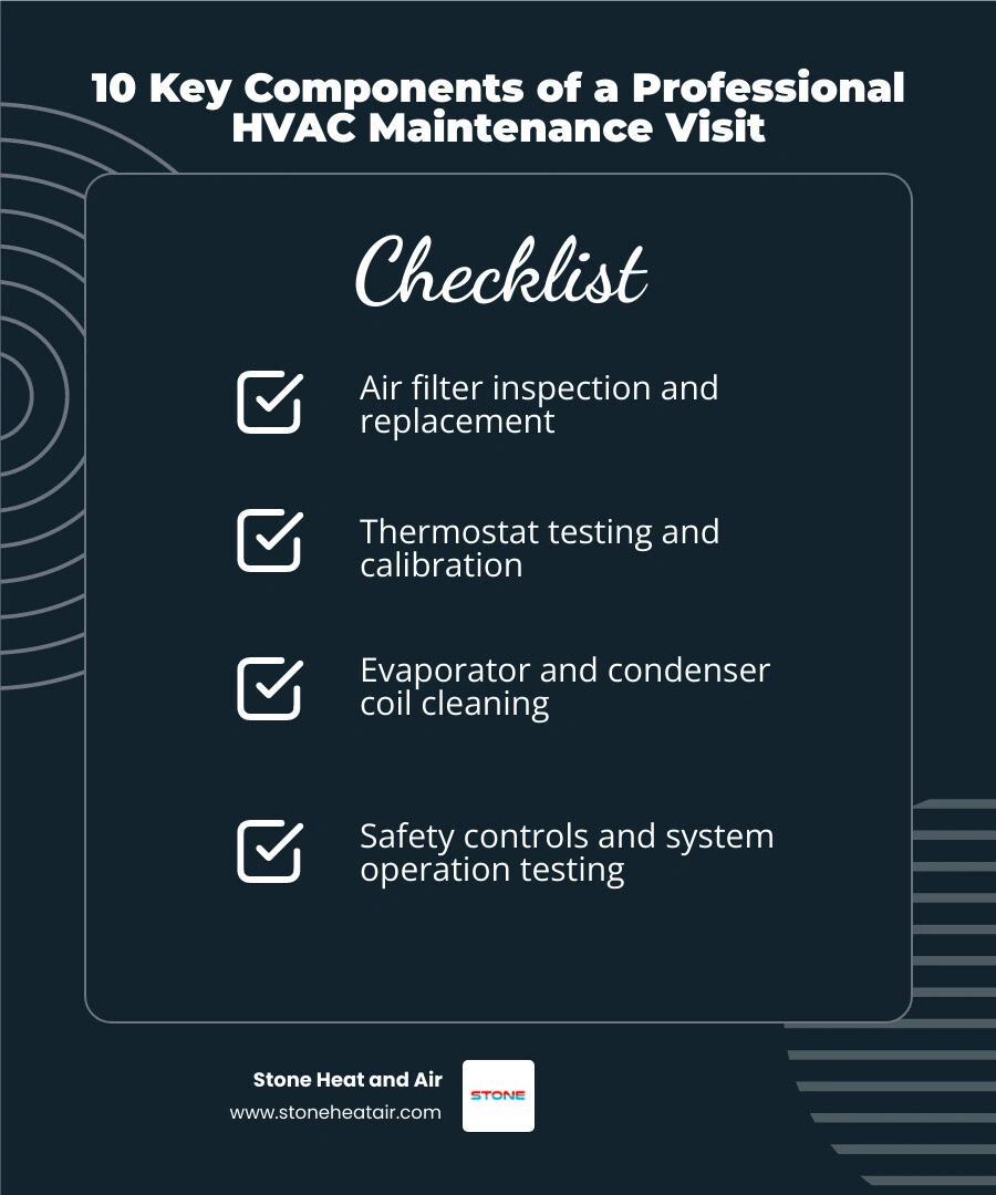 Infographic showing 10 key components of a professional HVAC maintenance visit and their benefits infographic