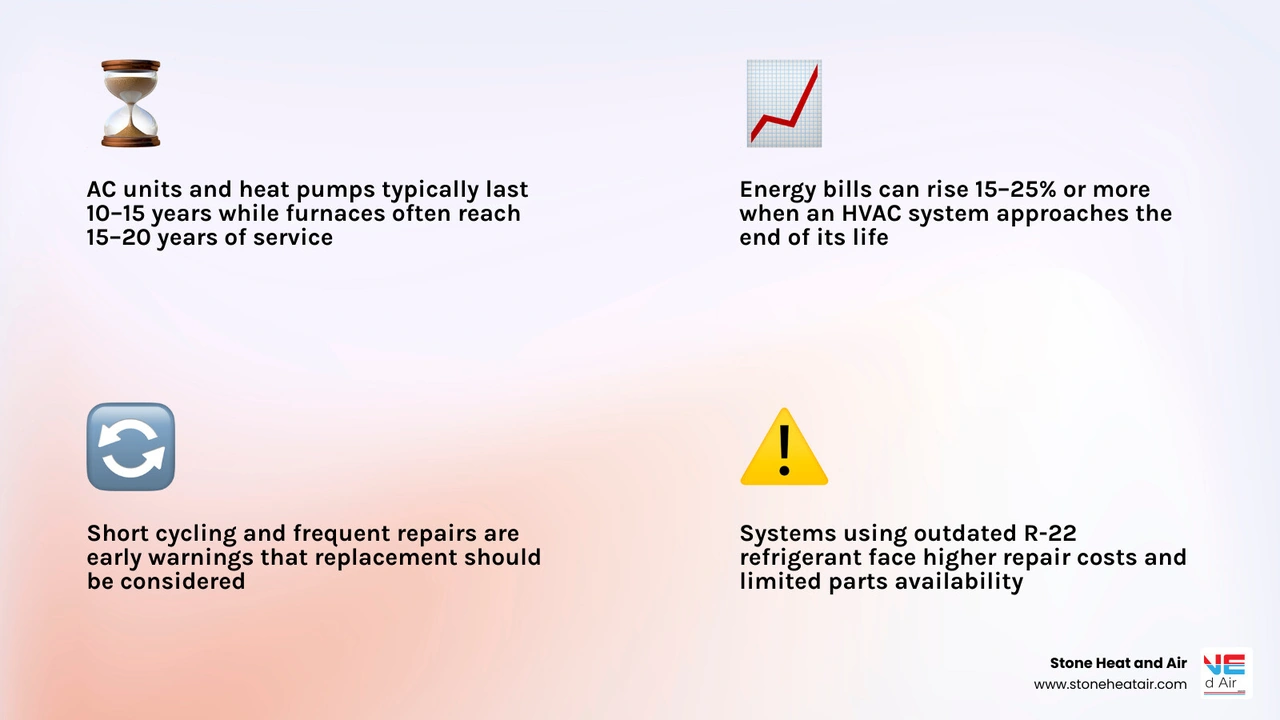 Infographic showing typical HVAC lifespans for ACs, furnaces, heat pumps, and boilers with key end-of-life warning signs