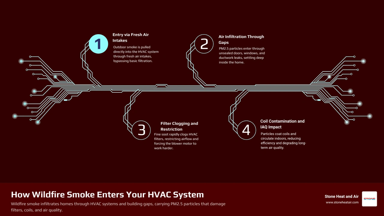 Infographic showing how wildfire smoke enters home HVAC systems through fresh air intakes, ductwork, and infiltration