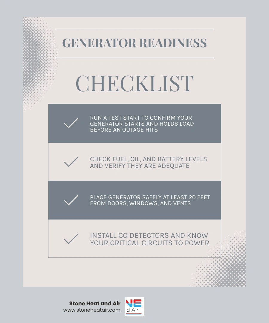 Wildfire outage preparedness infographic showing PSPS timeline, recommended supply duration, and generator safety checklist