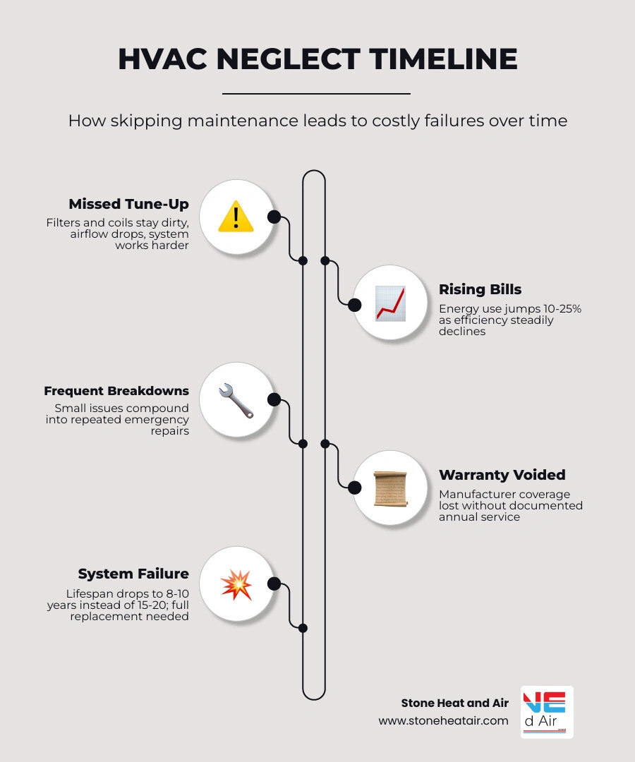 Infographic showing the timeline of HVAC neglect from missed tune-up to rising bills to system failure infographic Infographic showing the timeline of HVAC neglect from missed tune-up to rising bills to system failure infographic