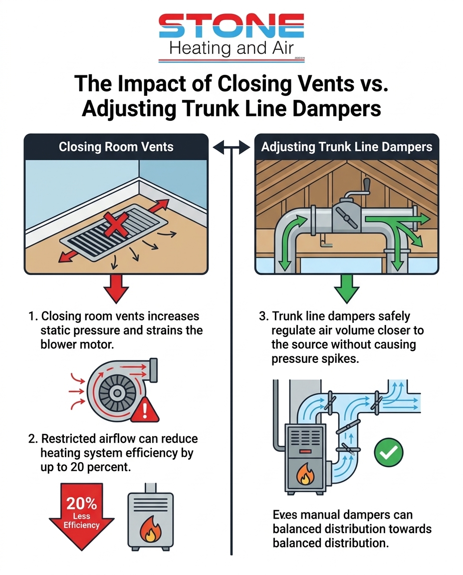 The Impact of Closing Vents vs. Adjusting Trunk Line Dampers