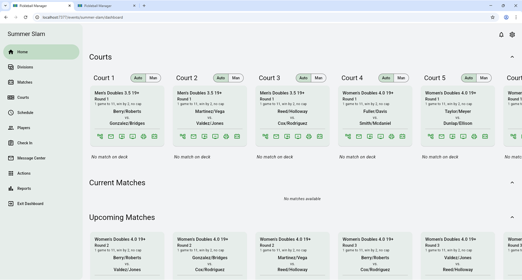 Pickleball Manager dashboard displaying Summer Slam event courts status, current and upcoming match details with player team names and match formats.