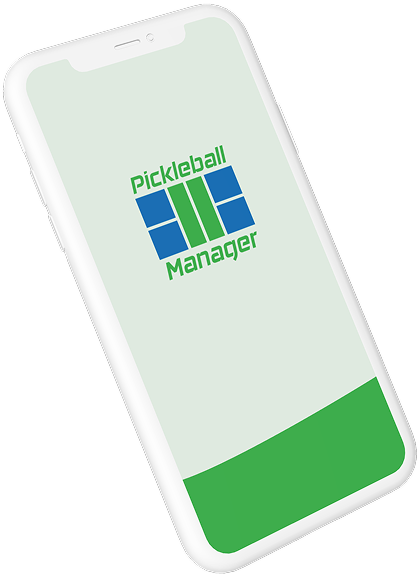 Two smartphones displaying Pickleball Manager app; one screen shows the logo, the other shows court match schedules and details.