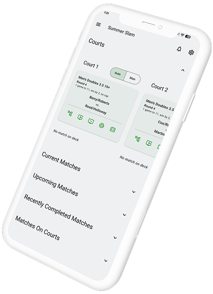 Two smartphones displaying Pickleball Manager app; one screen shows the logo, the other shows court match schedules and details.