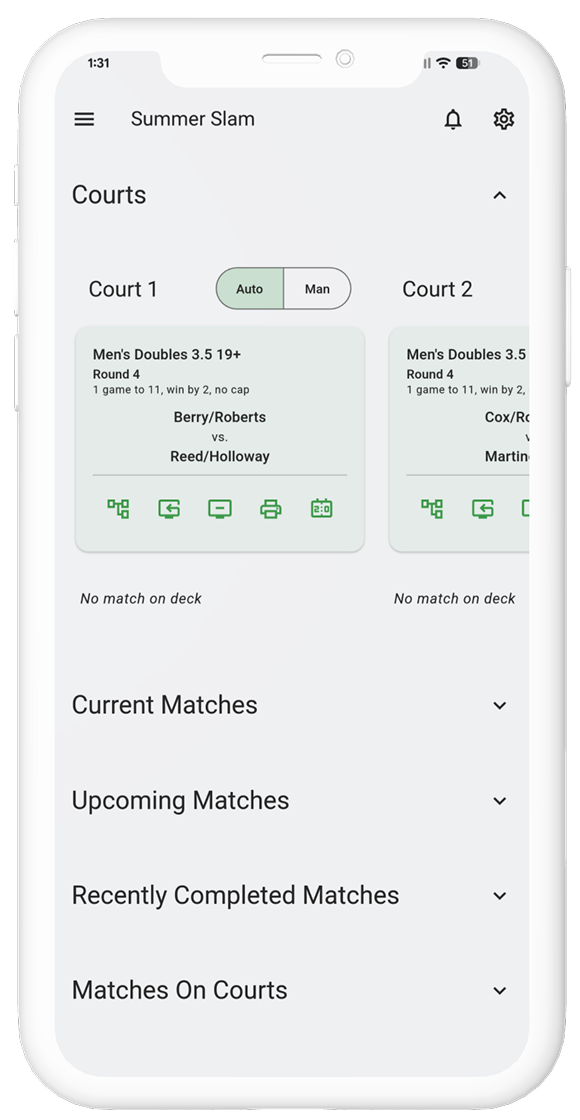 Two smartphones showing Pickleball Manager app; left screen displays men's doubles match details and court info, right screen shows app logo.