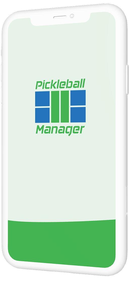 Two smartphones showing Pickleball Manager app; left screen displays men's doubles match details and court info, right screen shows app logo.