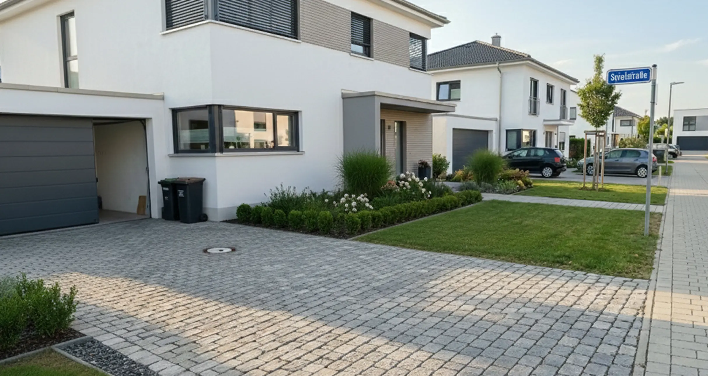 Eine Garageneinahrt mit Reihenhäusern