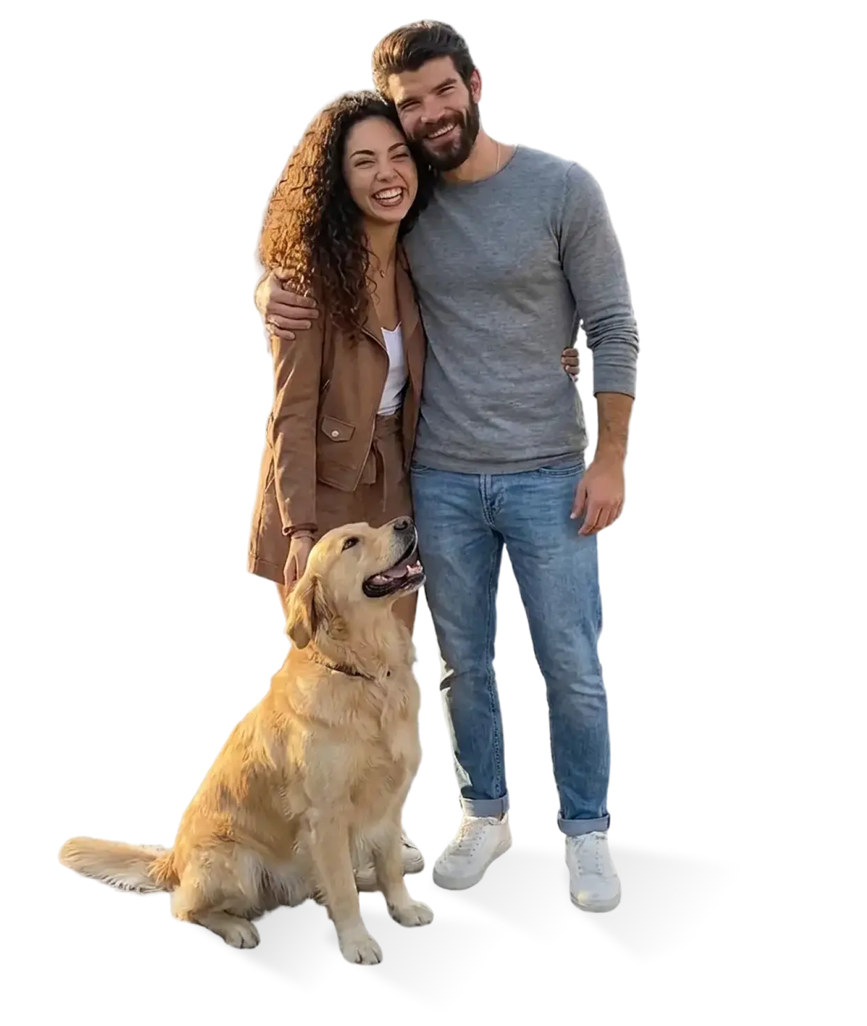 Junges paar vor einem Haus stehend mit Hund, die Renovierung planend